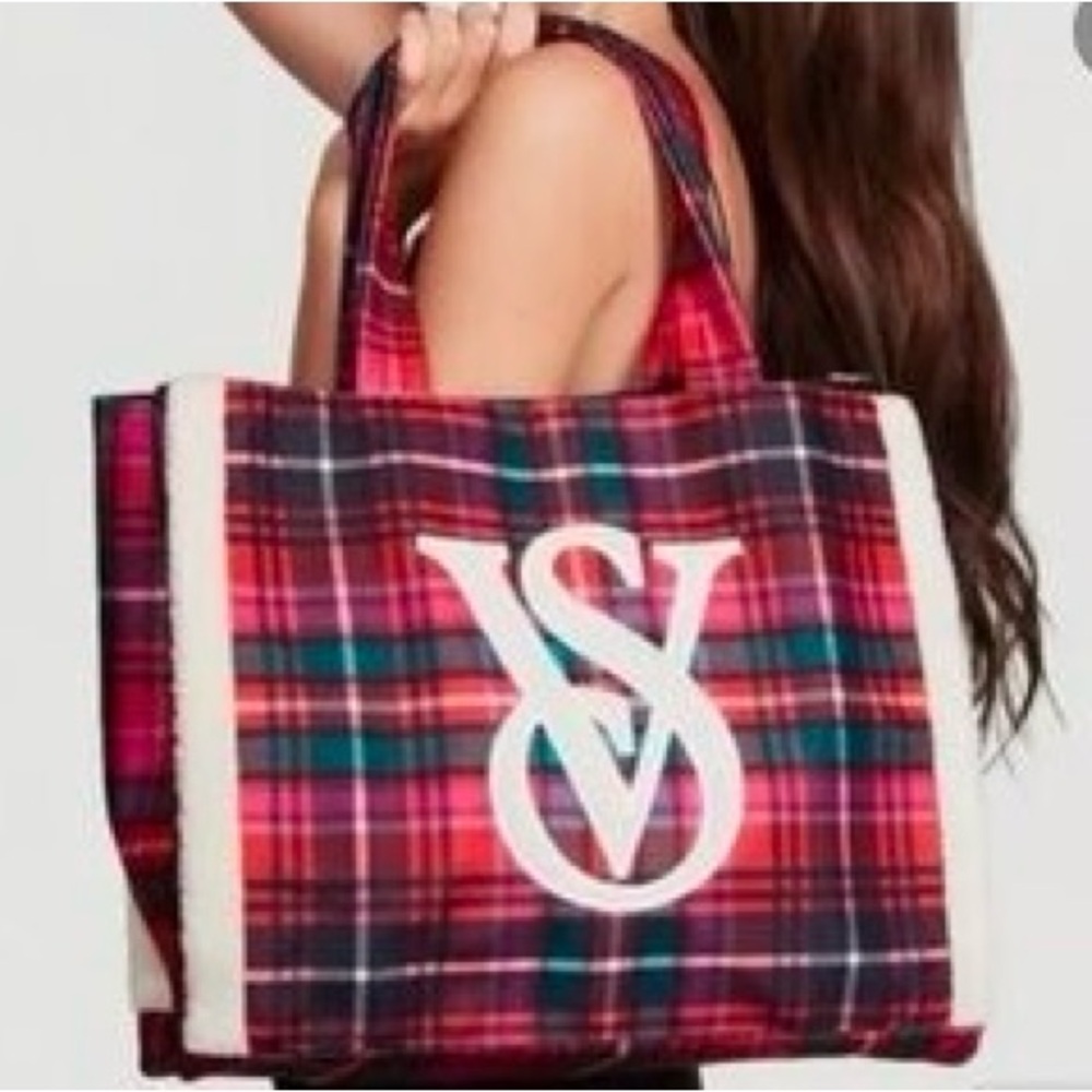 Victoria's Secret Plaid and Sherpa Holiday Tote